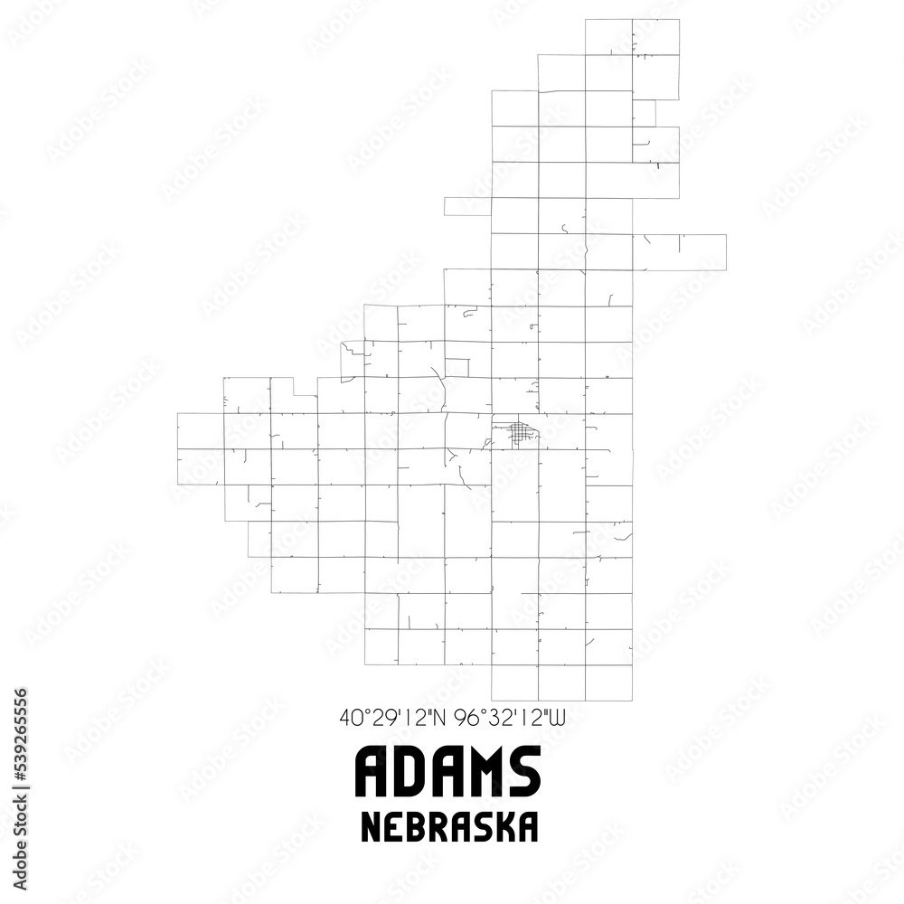 Adams Nebraska. US street map with black and white lines.