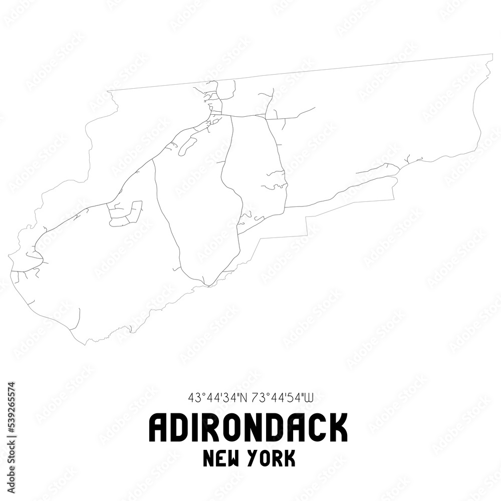 Adirondack New York. US street map with black and white lines.