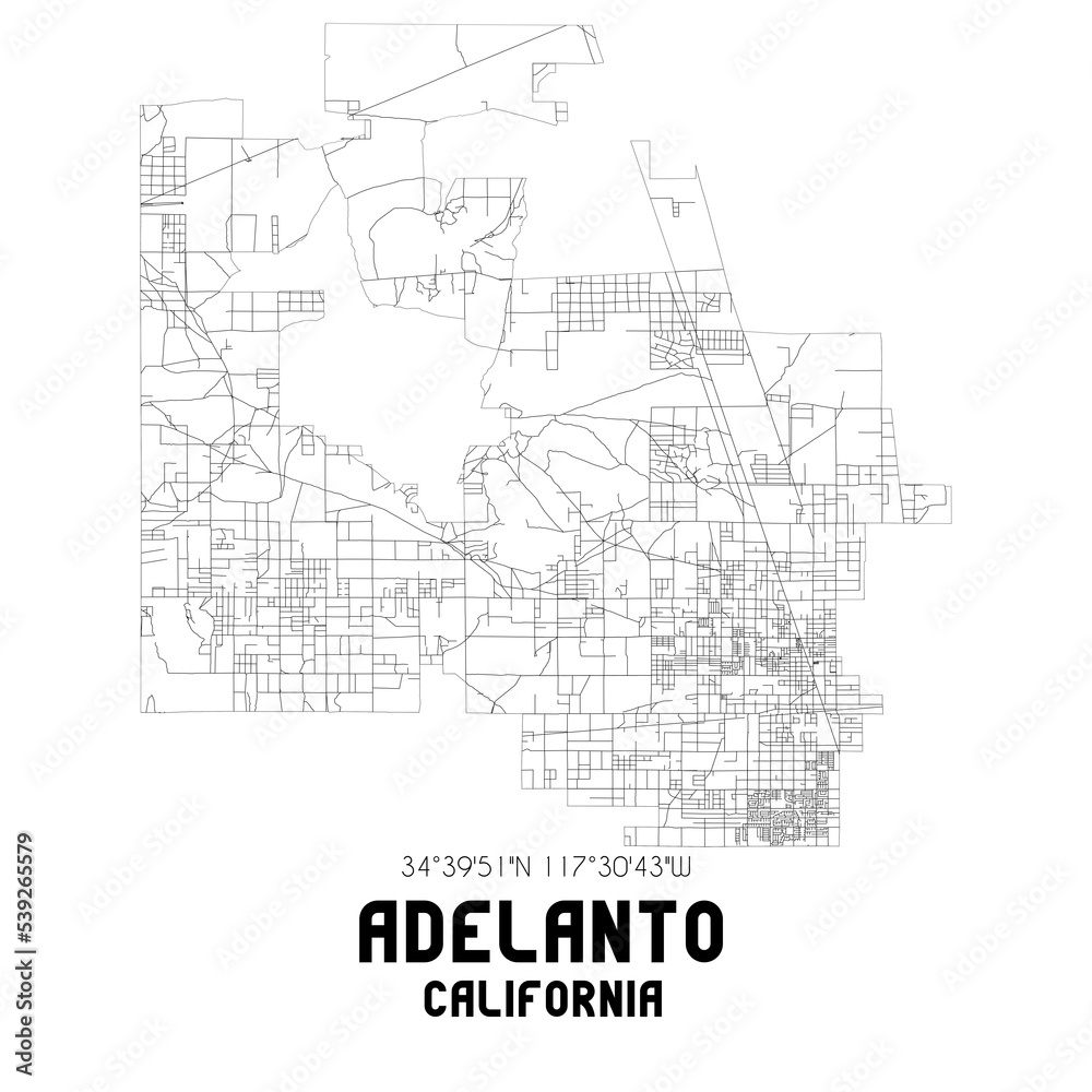 Adelanto California. US street map with black and white lines.