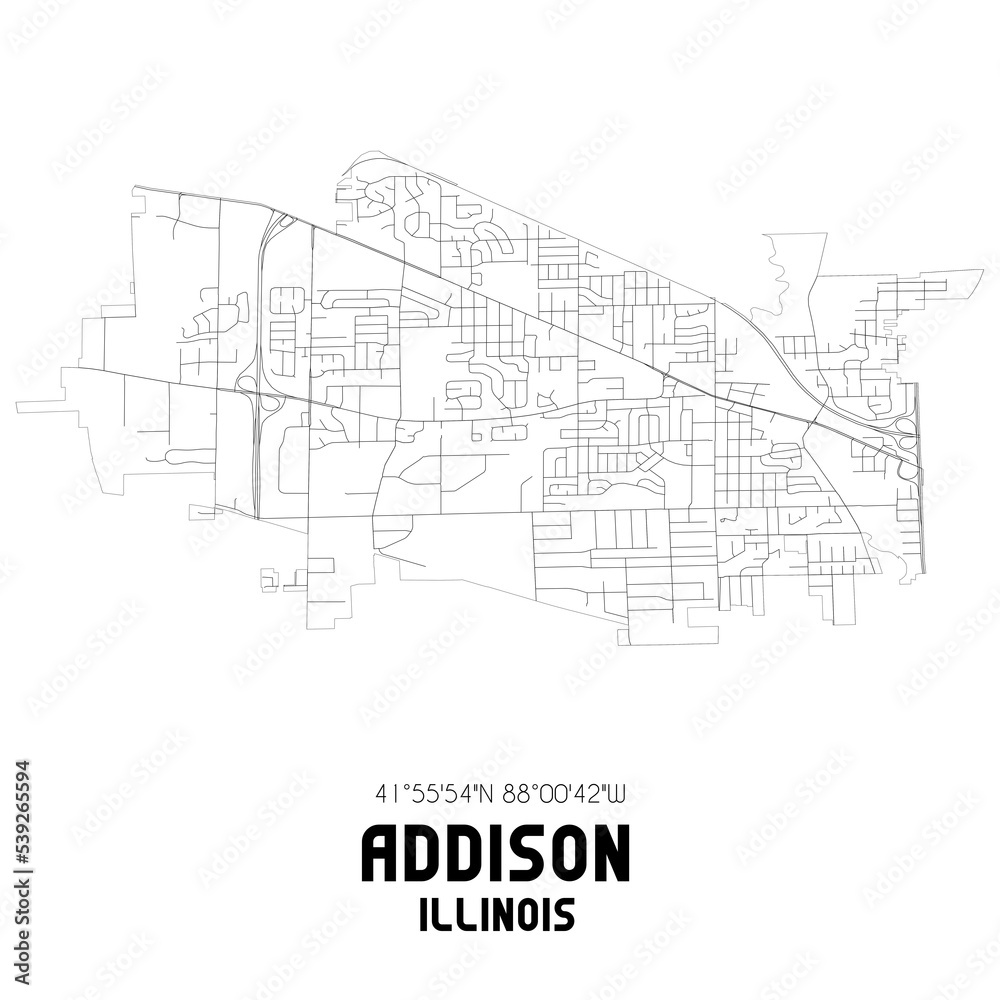 Addison Illinois. US street map with black and white lines.