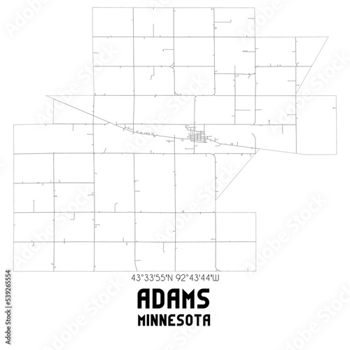 Adams Minnesota. US street map with black and white lines.