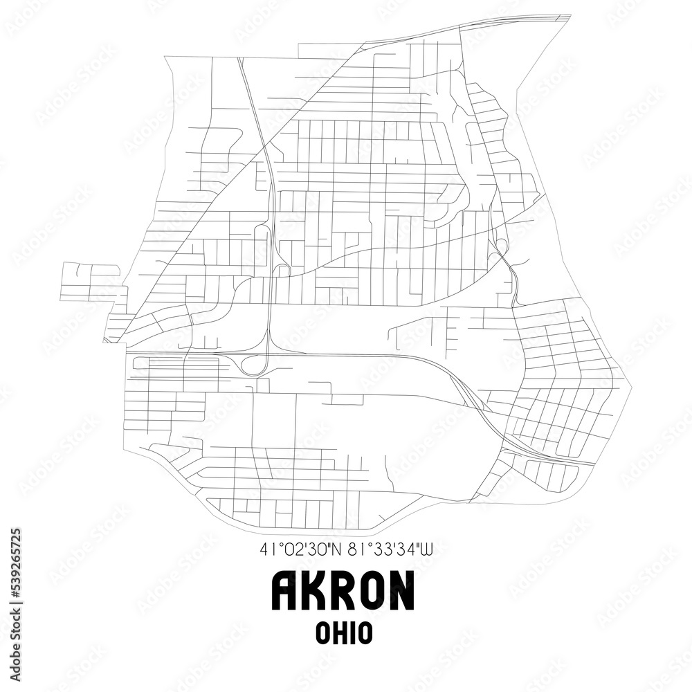 Akron Ohio. US street map with black and white lines.