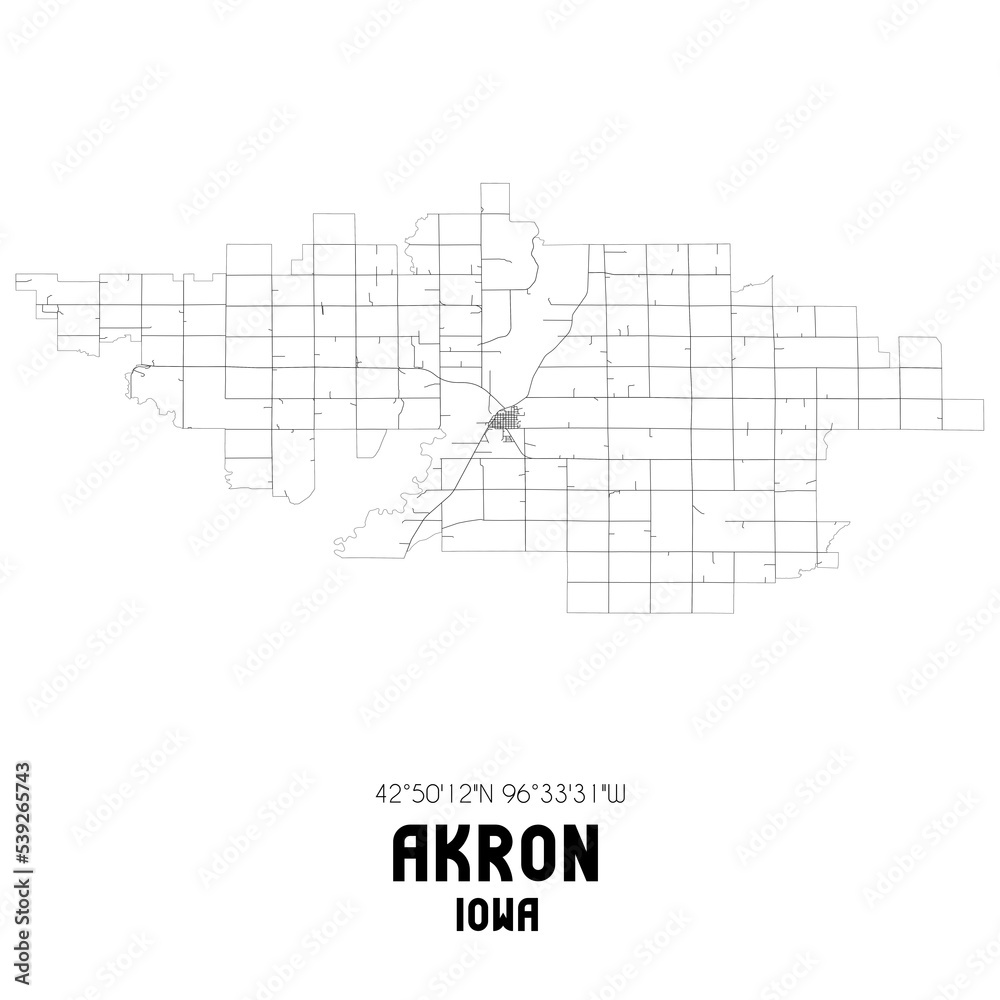 Akron Iowa. US street map with black and white lines.