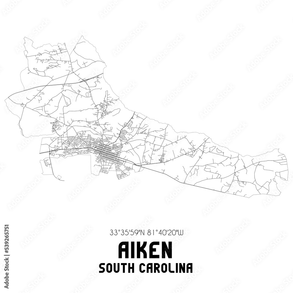 Aiken South Carolina. US street map with black and white lines.