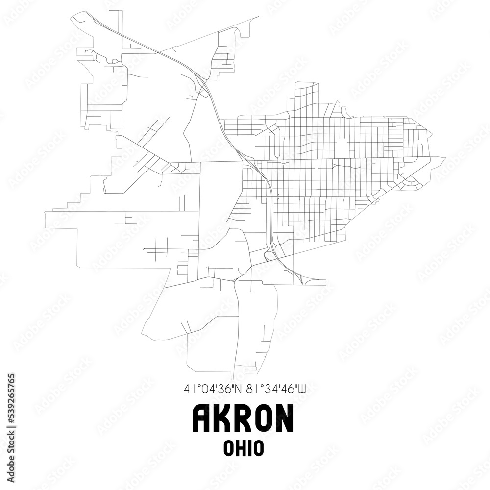 Akron Ohio. US street map with black and white lines.