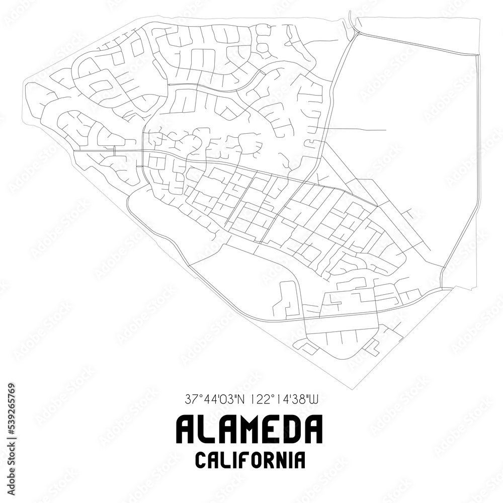 Alameda California. US street map with black and white lines.