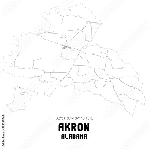 Akron Alabama. US street map with black and white lines.