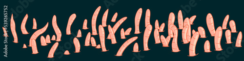 Cartoon worms make their way out of the ground on a dark background. Vector illustration of parasites to add a zombie effect. Stock vector image of a colony of earthworms.