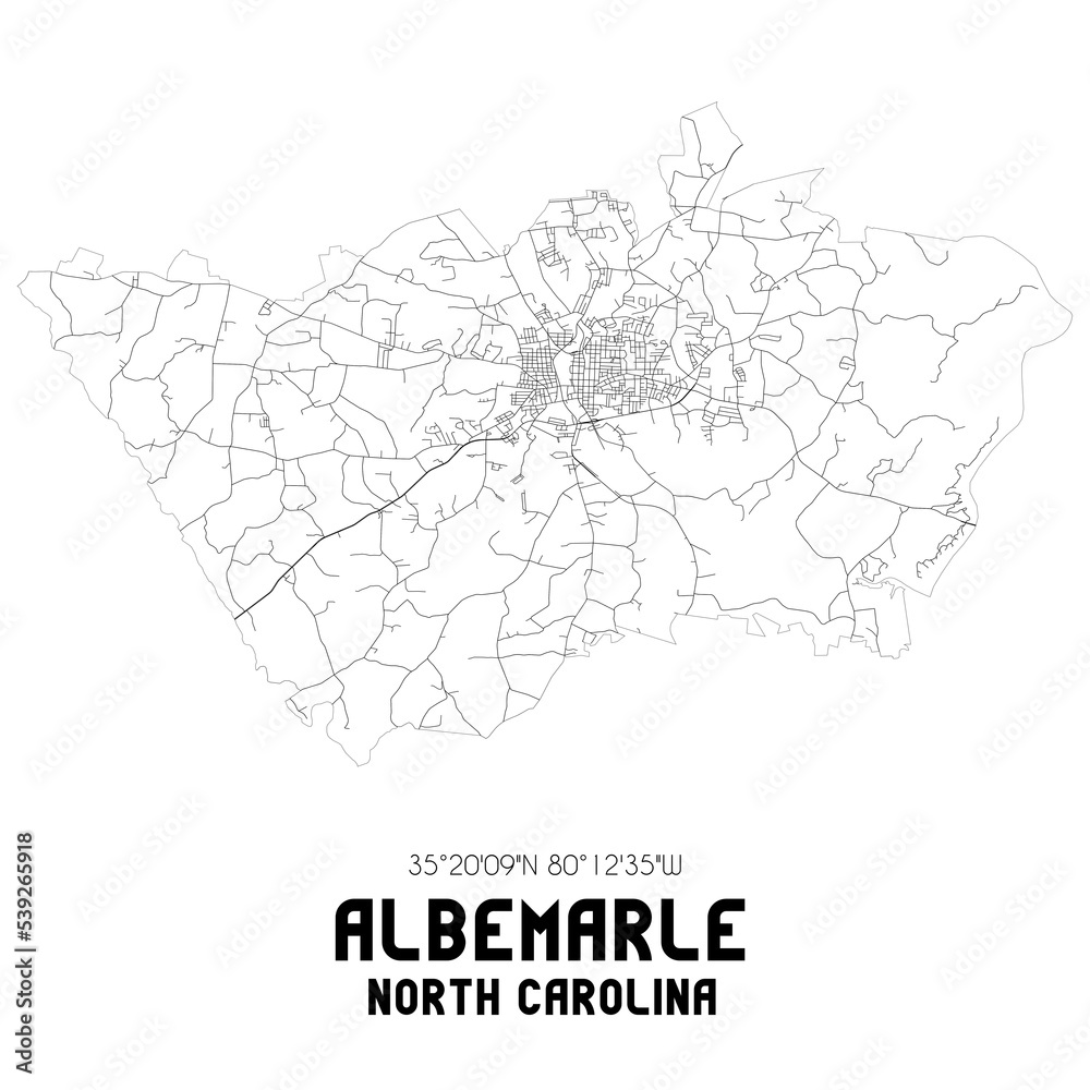 Albemarle North Carolina. US street map with black and white lines.