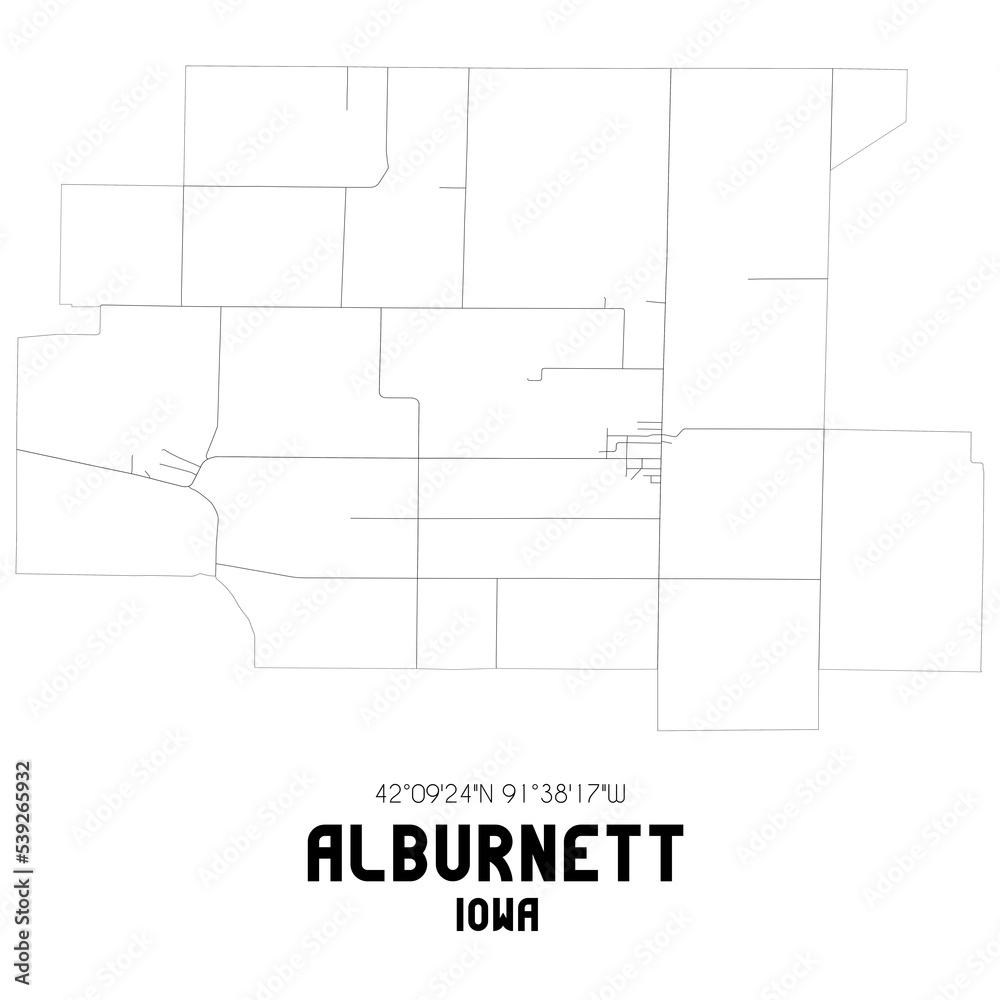 Alburnett Iowa. US street map with black and white lines.