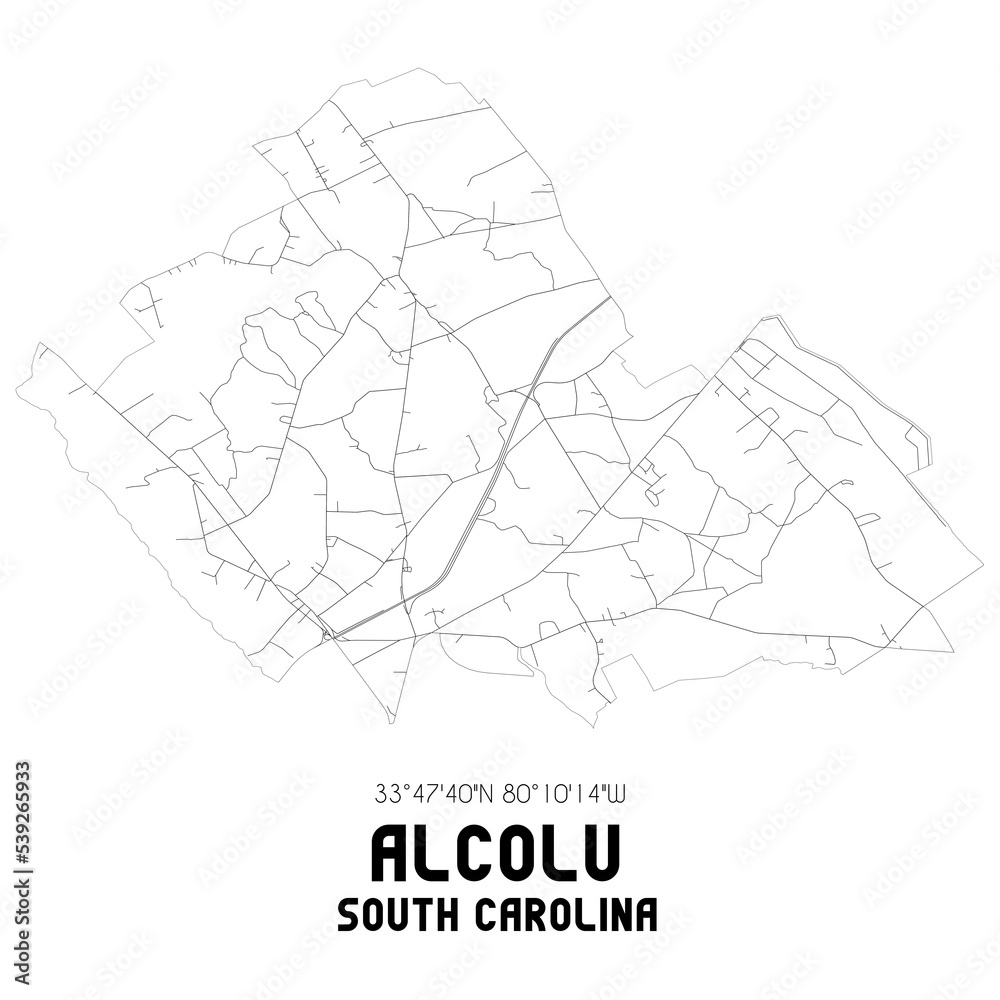 Alcolu South Carolina. US street map with black and white lines.