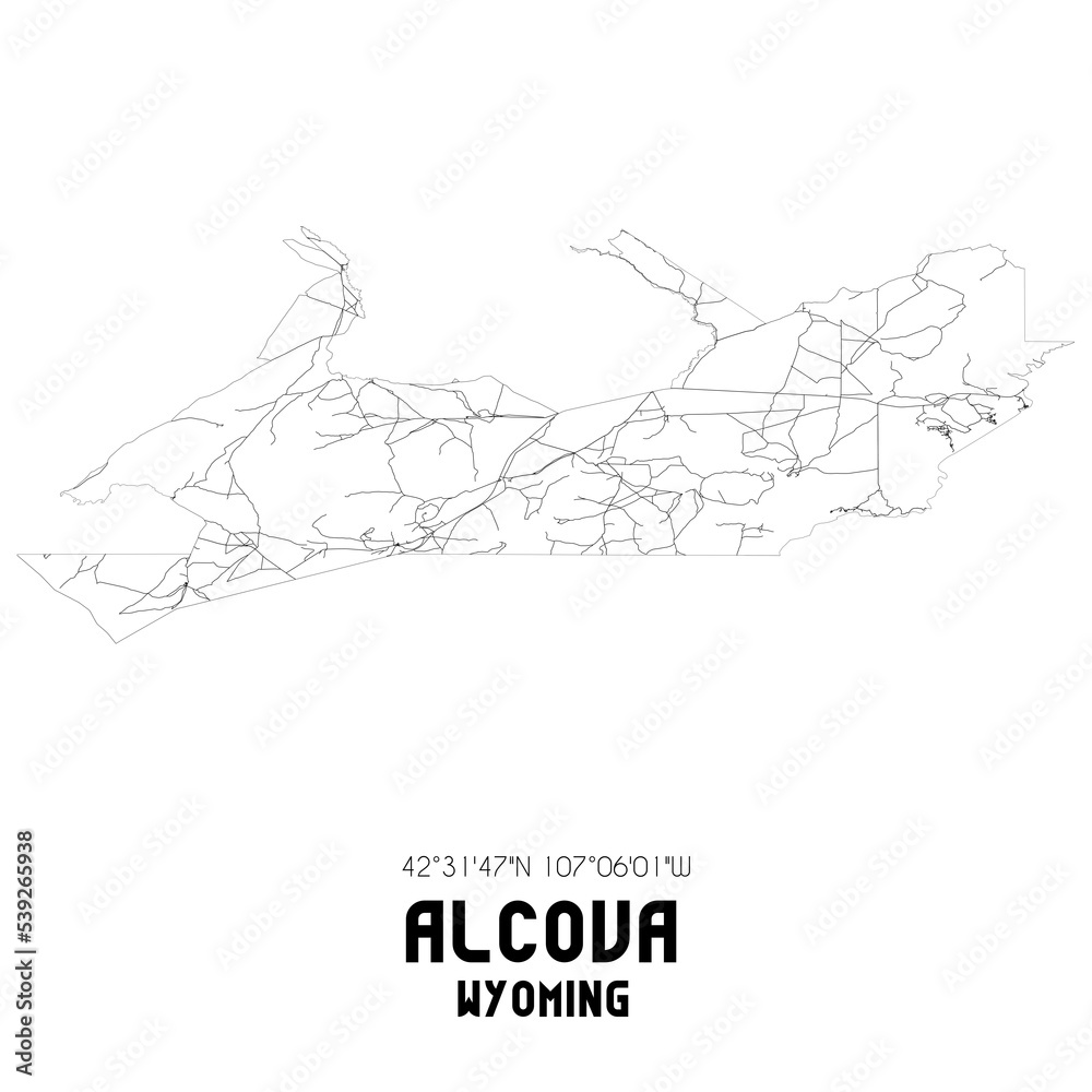 Alcova Wyoming. US street map with black and white lines.