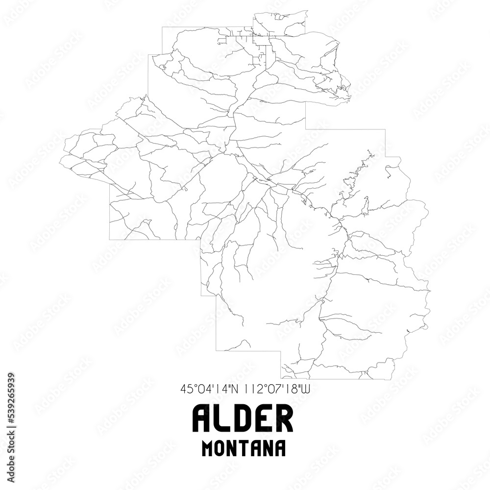 Alder Montana. US street map with black and white lines.