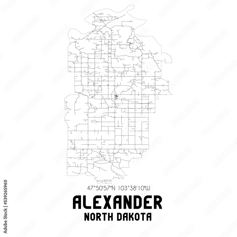 Alexander North Dakota. US street map with black and white lines. Alexander North Dakota. US street map with black and white lines.