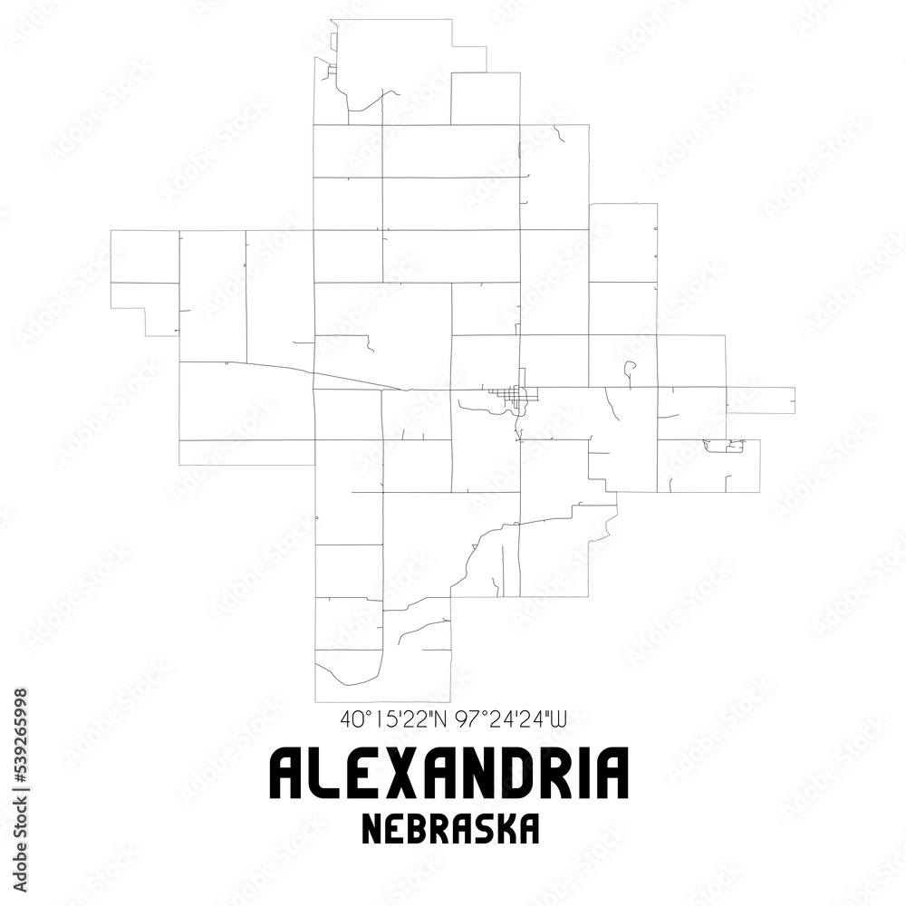 Alexandria Nebraska. US street map with black and white lines.