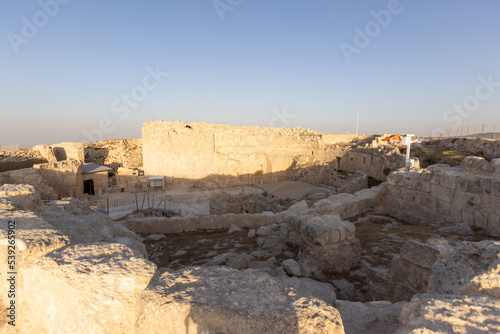 Mount Herodion and the ruins of the fortress of King Herod inside an artificial crater. The Judaean Desert, West Bank. High quality photo