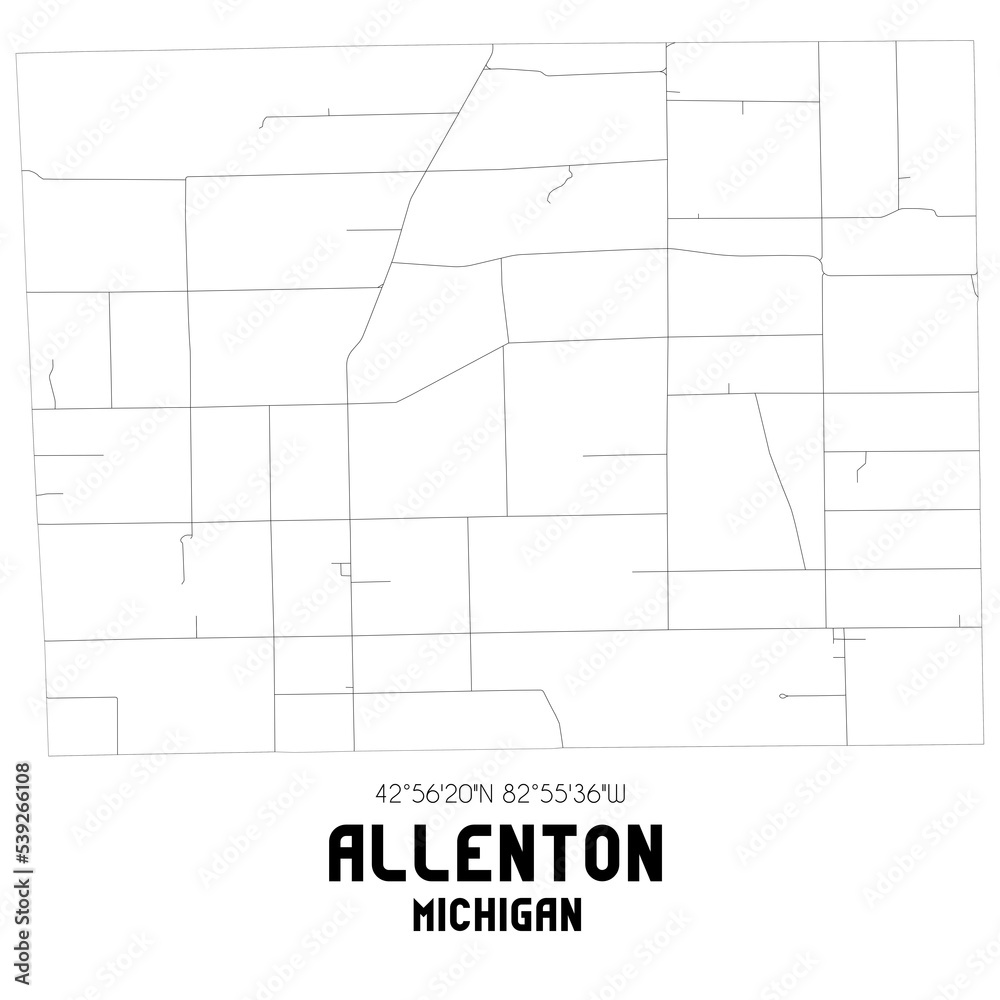 Allenton Michigan. US street map with black and white lines.