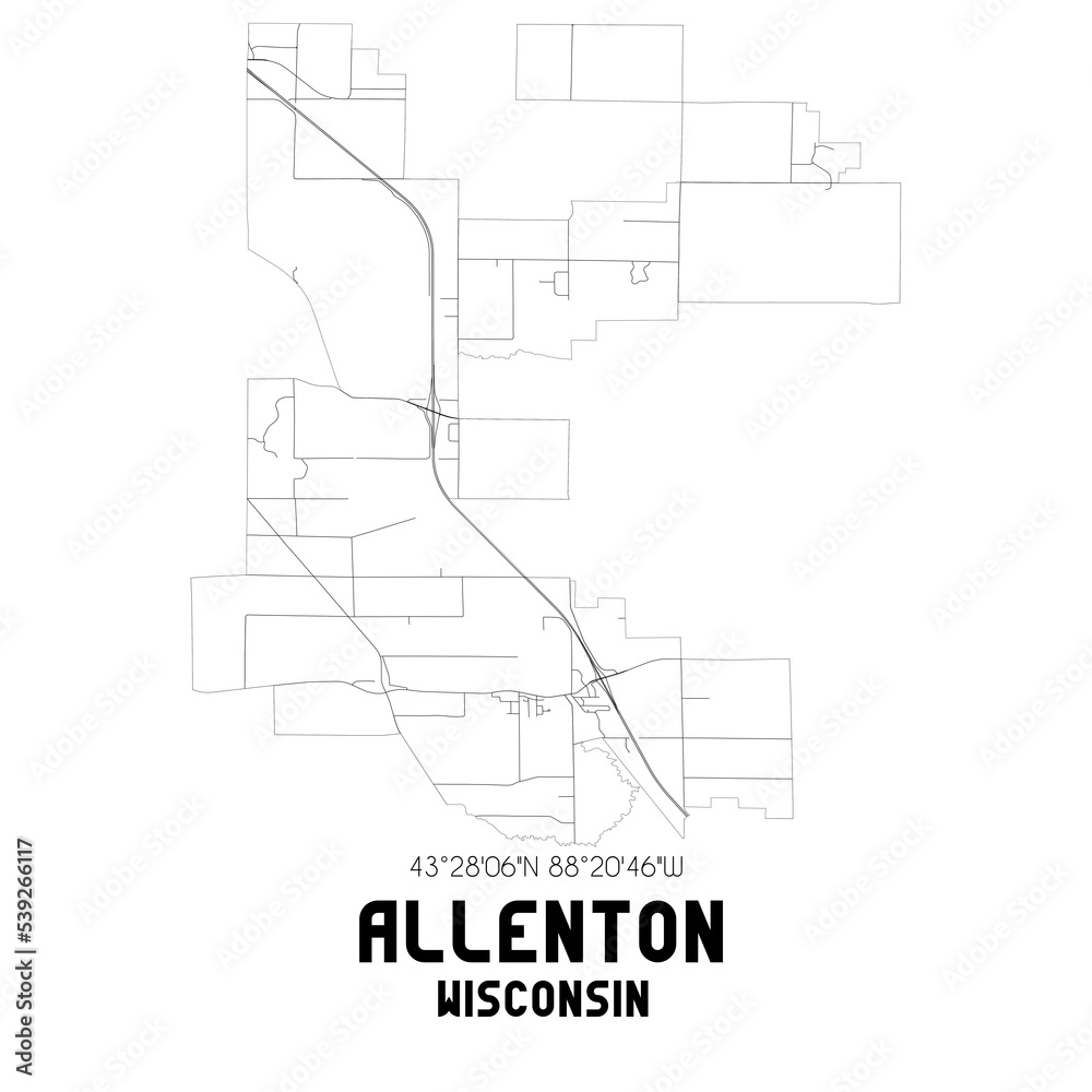 Allenton Wisconsin. US street map with black and white lines.