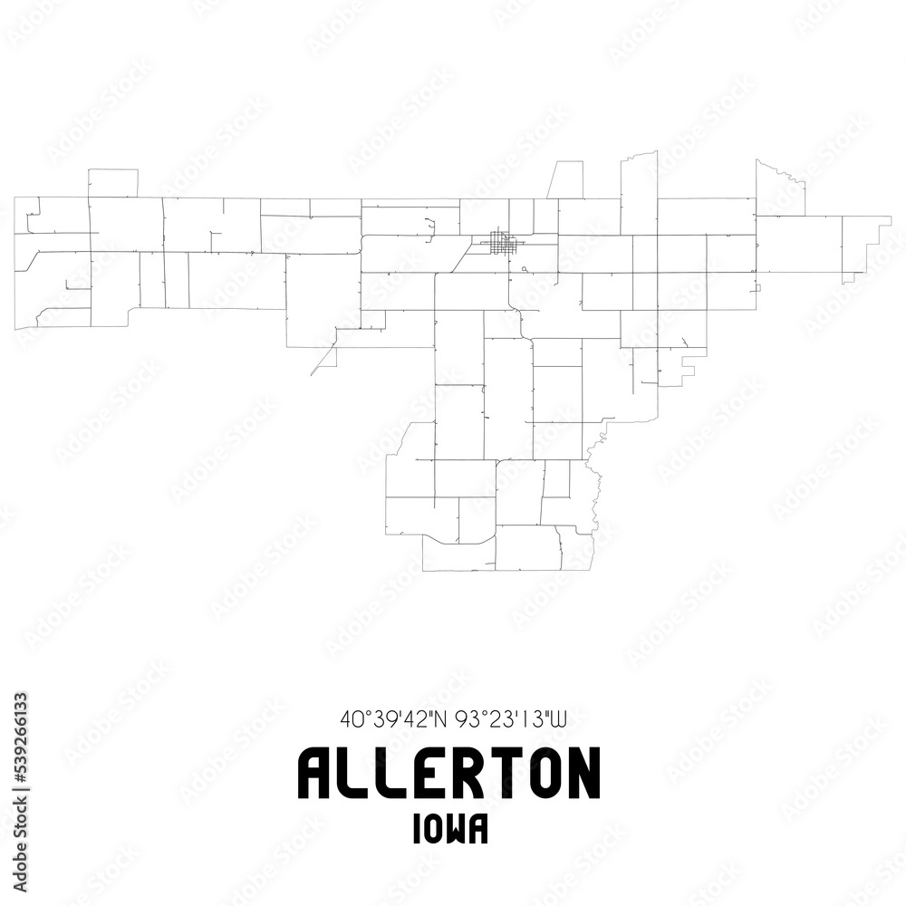 Allerton Iowa. US street map with black and white lines.