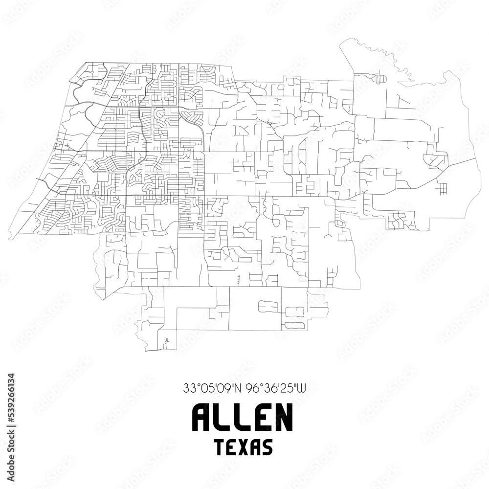 Allen Texas. US street map with black and white lines.