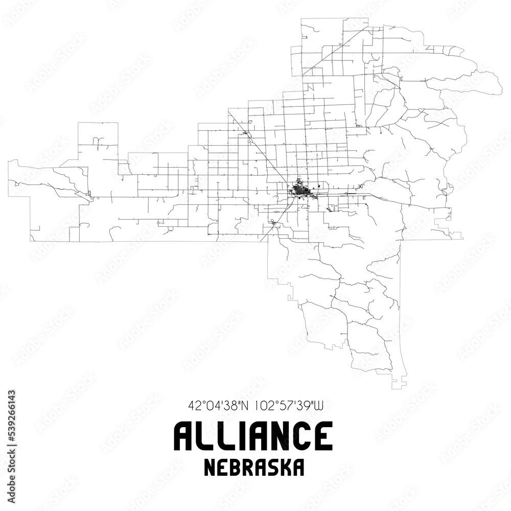 Alliance Nebraska. US street map with black and white lines.