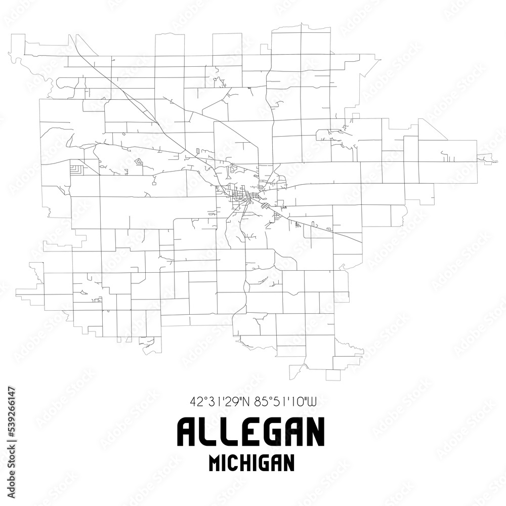 Allegan Michigan. US street map with black and white lines.