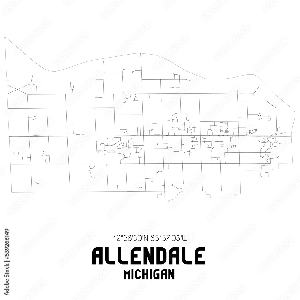Allendale Michigan. US street map with black and white lines.