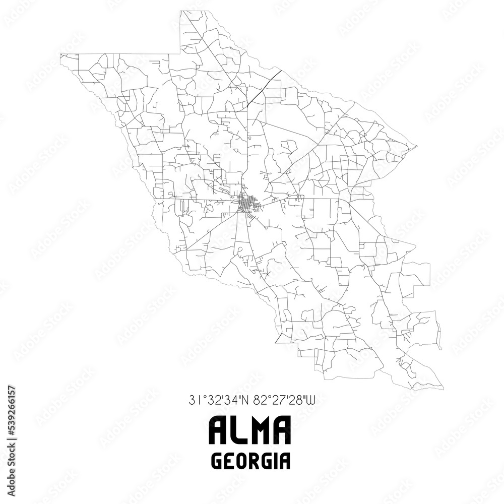 Alma Georgia. US street map with black and white lines.
