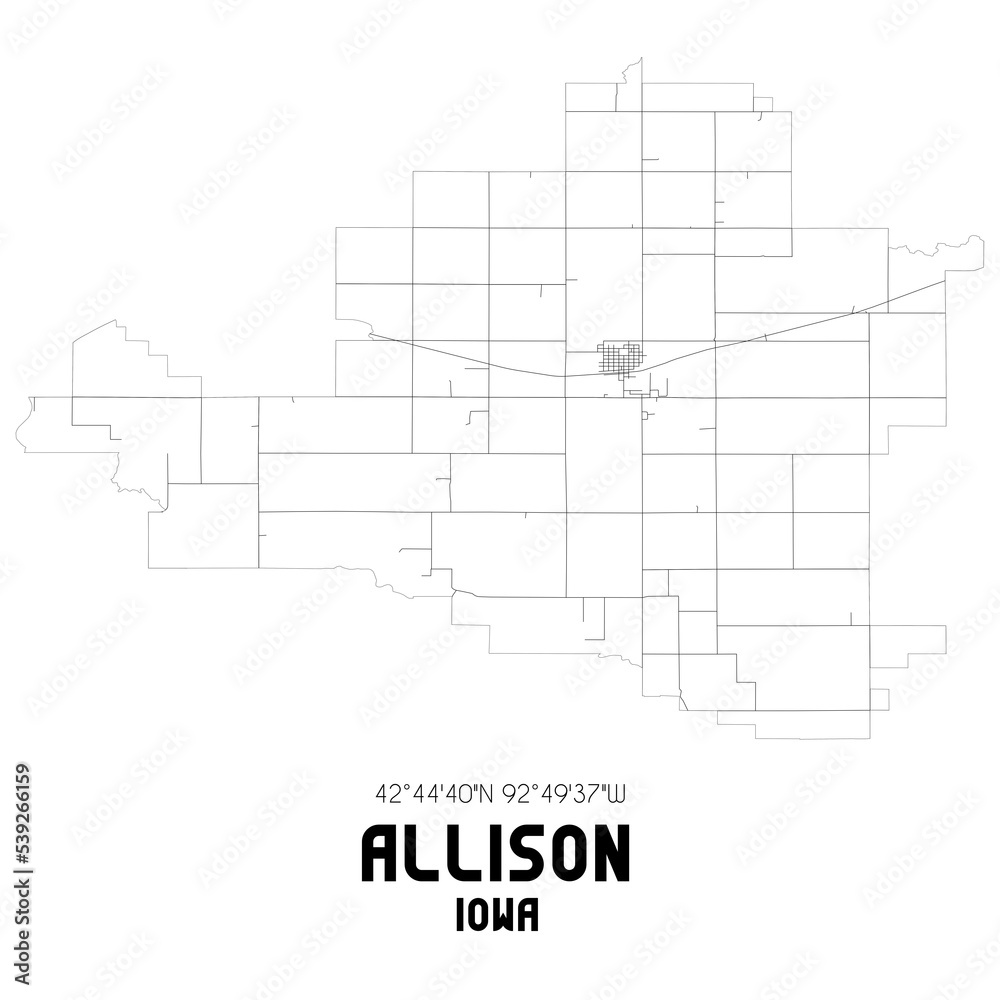 Allison Iowa. US street map with black and white lines.