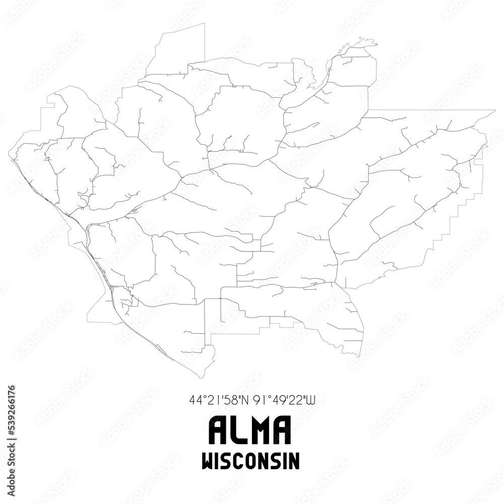 Alma Wisconsin. US street map with black and white lines.