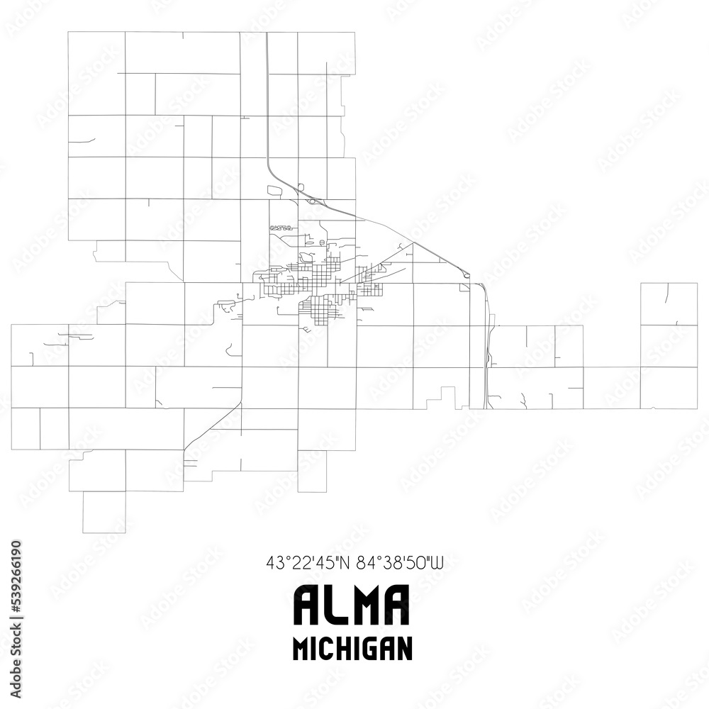 Alma Michigan. US street map with black and white lines.
