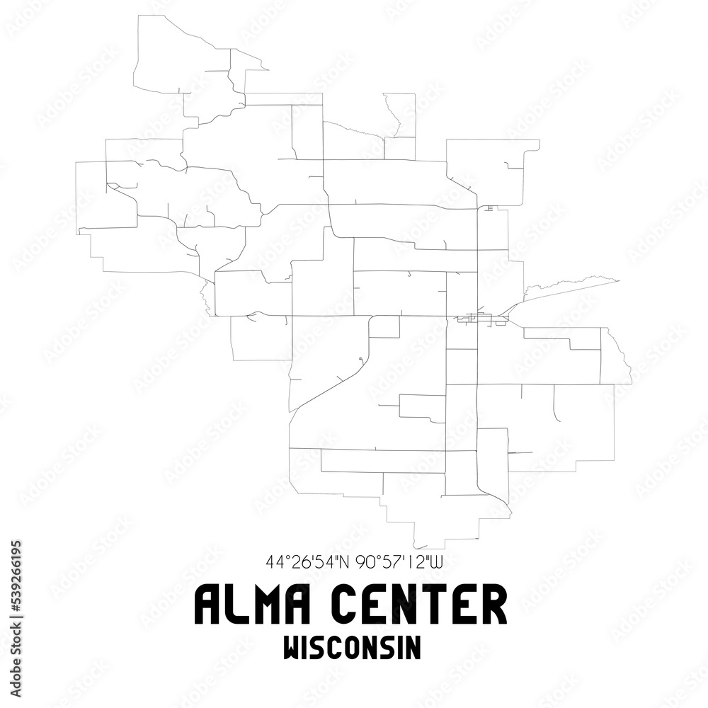 Alma Center Wisconsin. US street map with black and white lines.