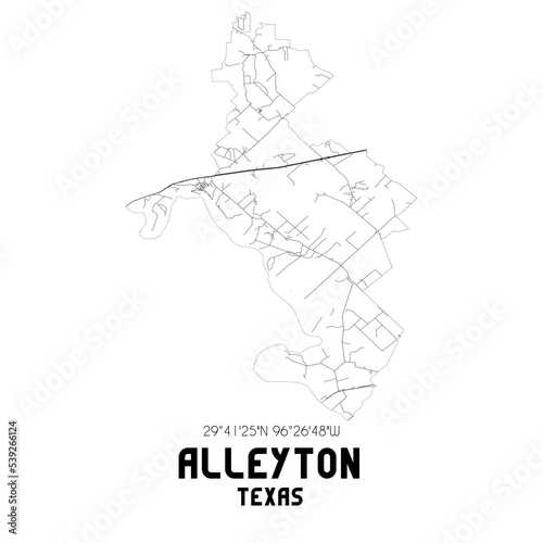 Alleyton Texas. US street map with black and white lines.