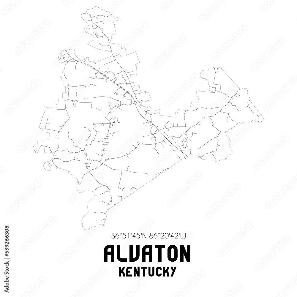 Alvaton Kentucky. US street map with black and white lines.