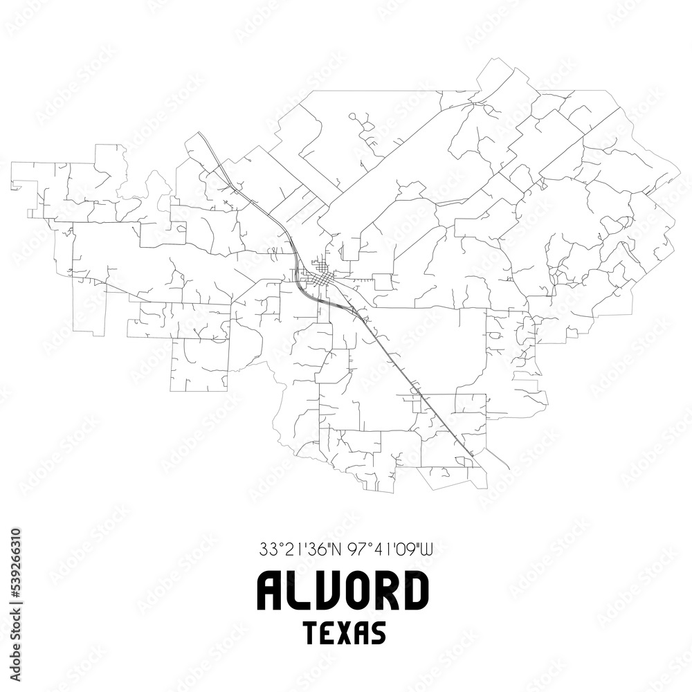 Alvord Texas. US street map with black and white lines.