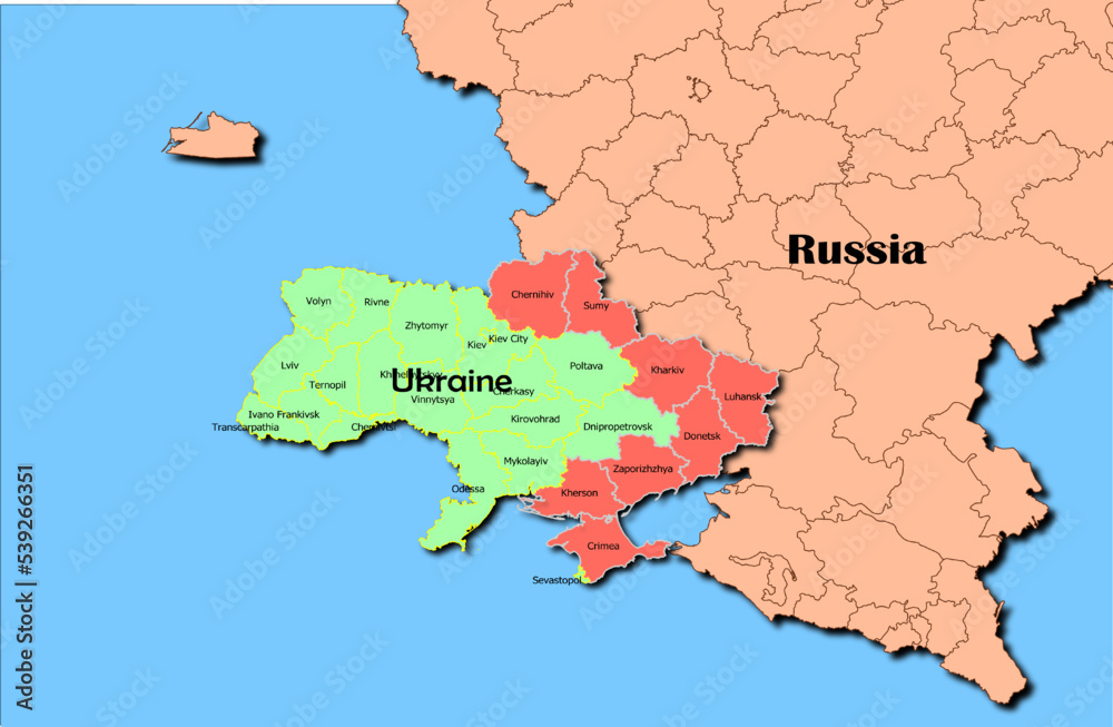 Obraz premium Vector map of Ukraine in green with regions Crimea, Donetsk, Luhansk, Chernihiv, Kharkiv, Kherson, Sumy, Zaporizhzhya and Russia map