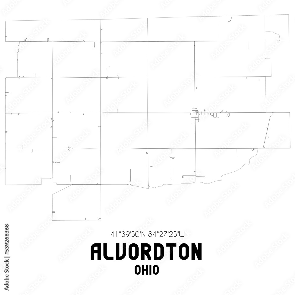 Alvordton Ohio. US street map with black and white lines.