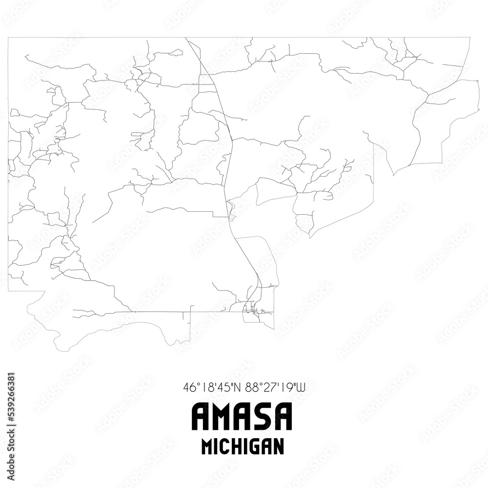 Amasa Michigan. US street map with black and white lines.