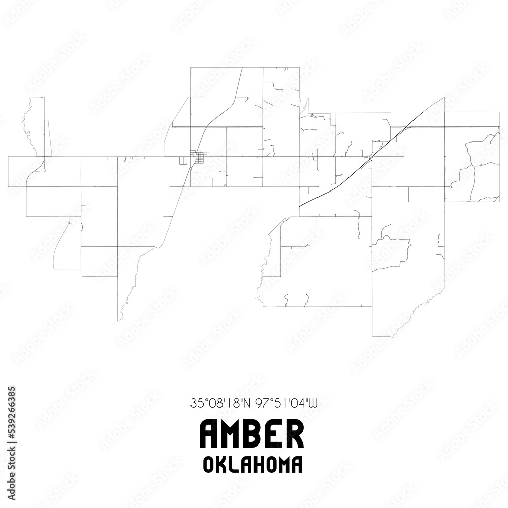 Amber Oklahoma. US street map with black and white lines.