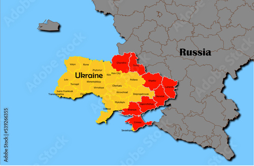 Vector map of Ukraine in yellow with regions Crimea, Donetsk, Luhansk, Chernihiv, Kharkiv, Kherson, Sumy, Zaporizhzhya and Russia map photo