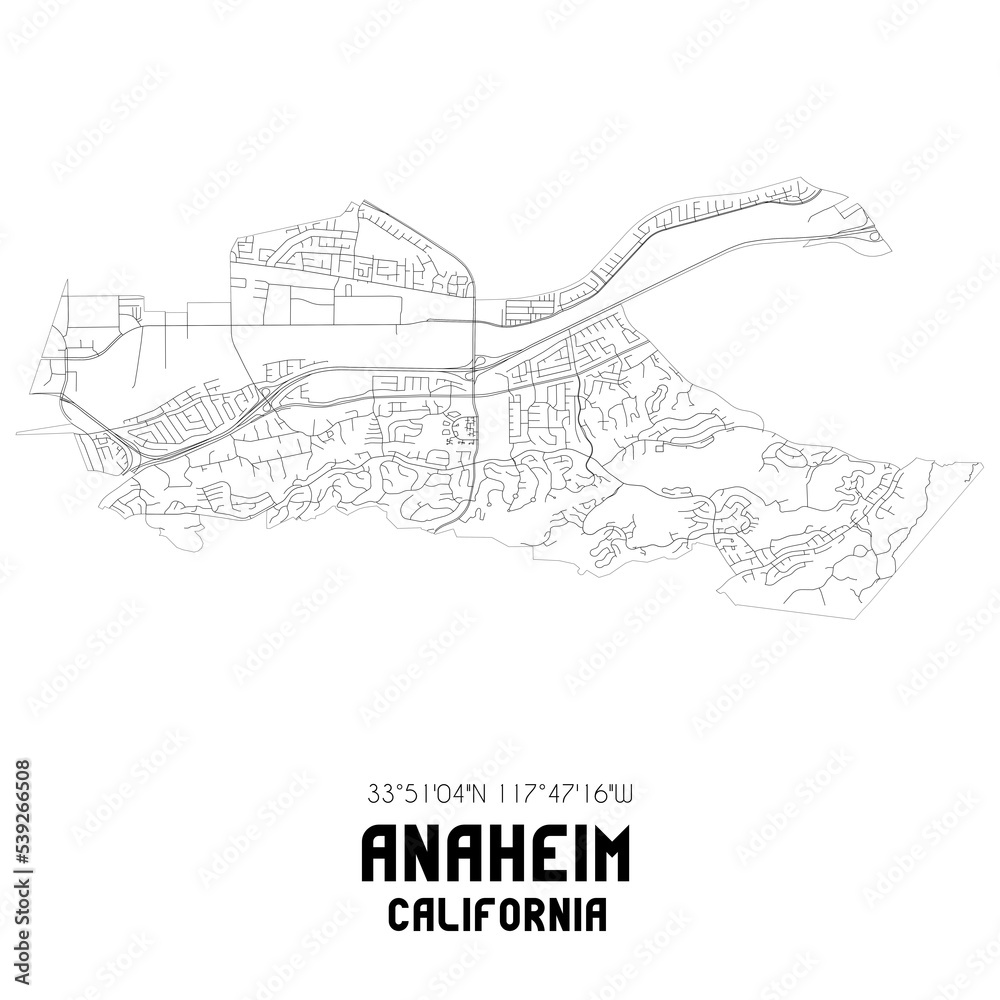 Anaheim California. US street map with black and white lines.