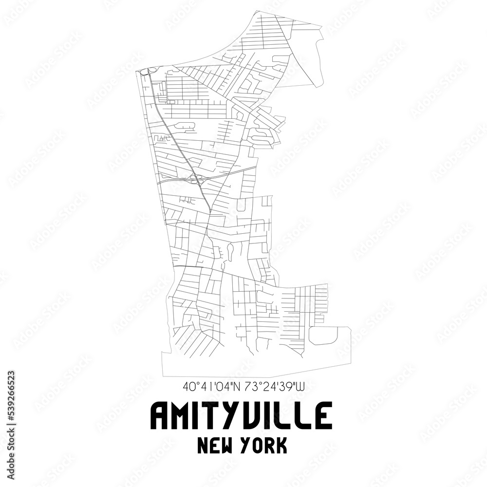 Amityville New York. US street map with black and white lines.
