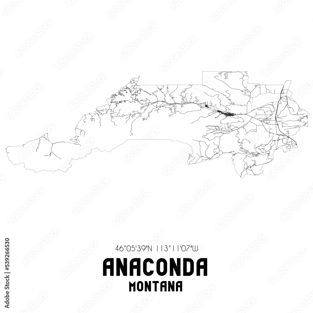 Anaconda Montana. US street map with black and white lines.