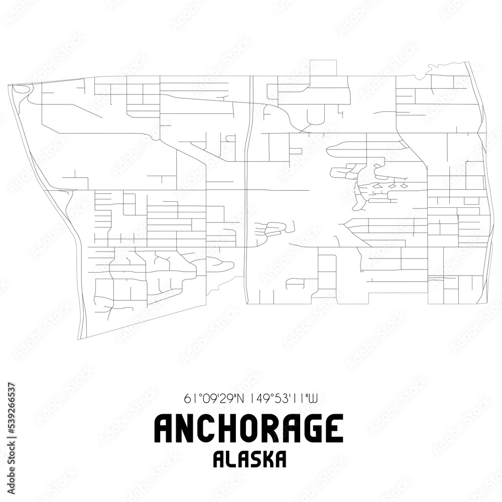 Anchorage Alaska. US street map with black and white lines.