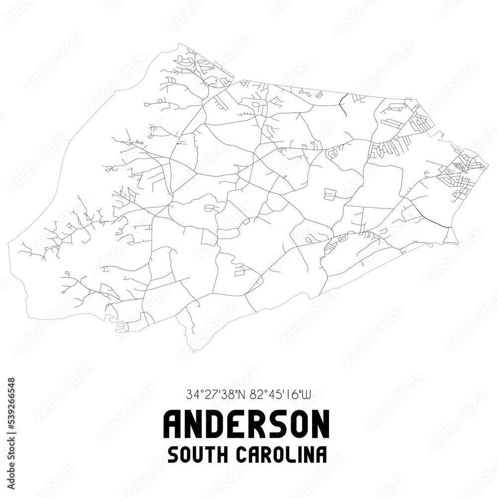 Anderson South Carolina. US street map with black and white lines