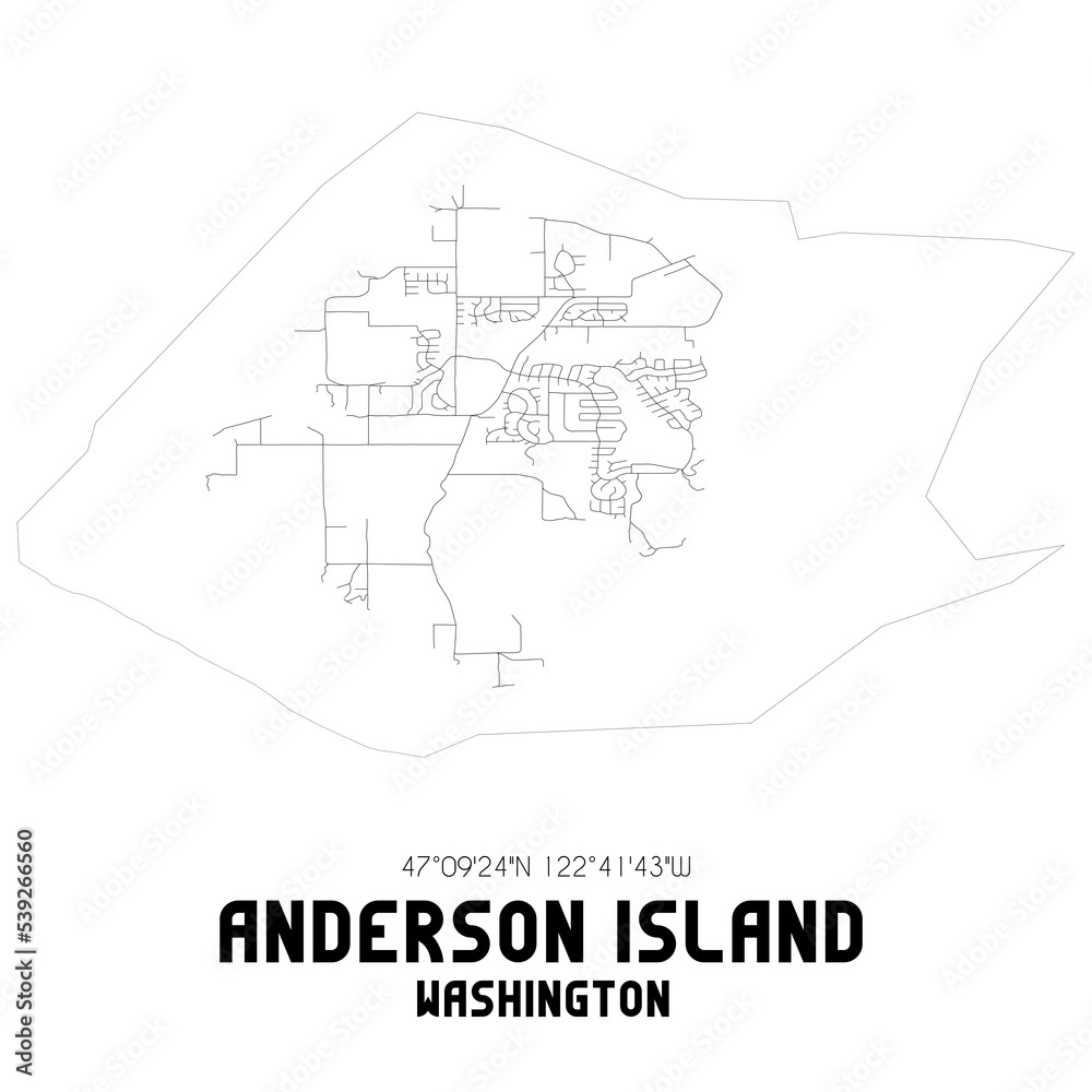 Anderson Island Washington. US street map with black and white lines.