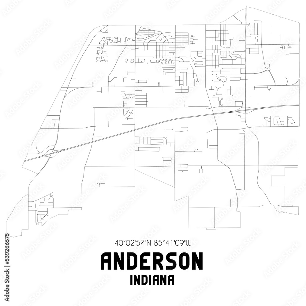 Anderson Indiana. US street map with black and white lines.