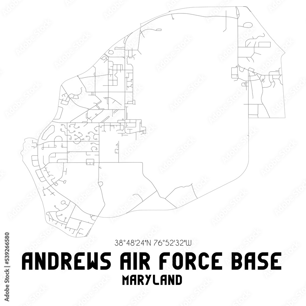 Andrews Air Force Base Maryland. US street map with black and white lines.