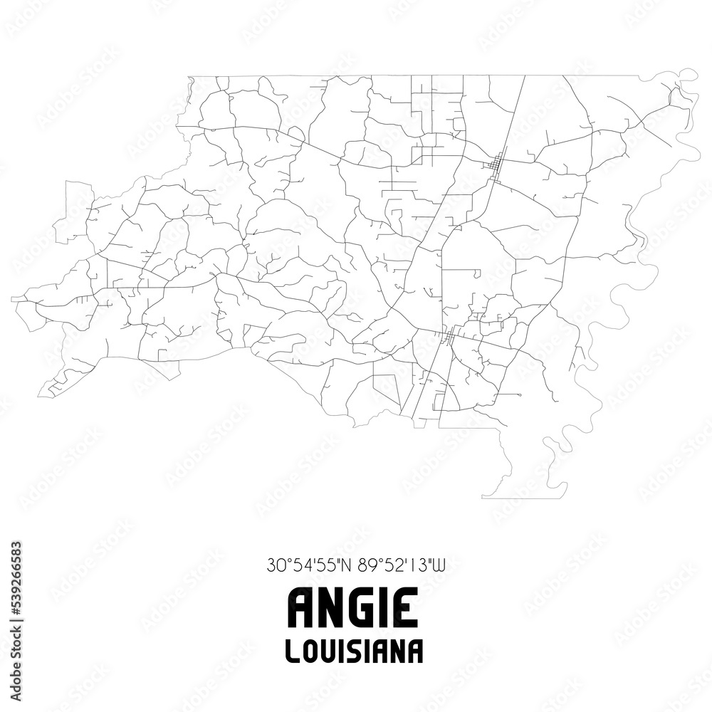 Angie Louisiana. US street map with black and white lines.