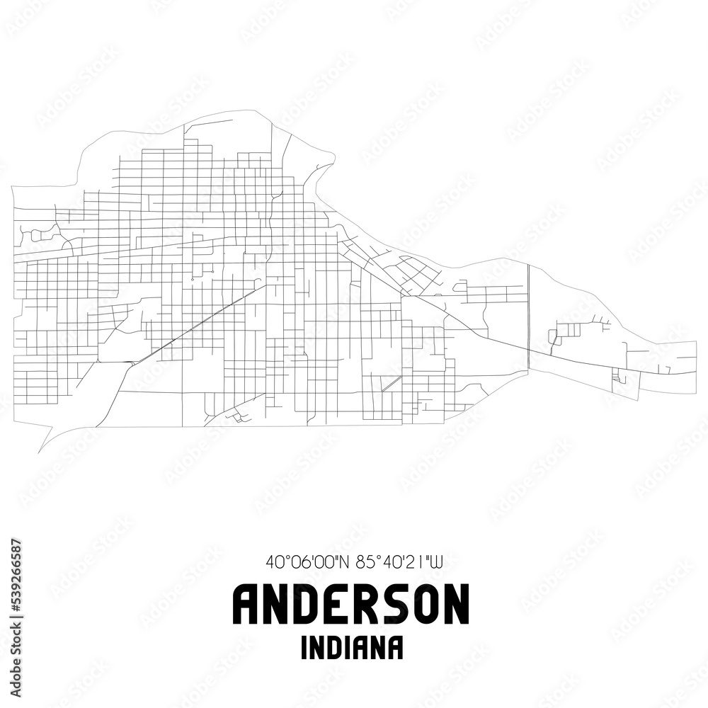 Anderson Indiana. US street map with black and white lines.